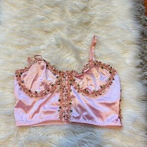 Pink Satin Crop Top with Floral Detail